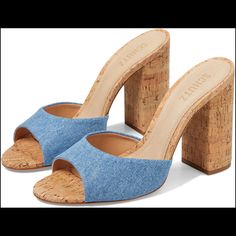 Schutz Kaycee Denim Sandals Washed Blue Sz 7 And 9 1/2 New Casual Summer Heels With Branded Heel Counter, Denim Blue Open Heel Sandals For Summer, Denim Blue High Heel Sandals For Spring, Open Heel Denim Sandals For Summer, Denim Open Heel Sandals For Summer, Summer Denim Heels With Open Heel, Chic Denim Sandals For Spring, Summer Denim Open Heel Heels, Blue Sandals With Wooden Heel For Spring