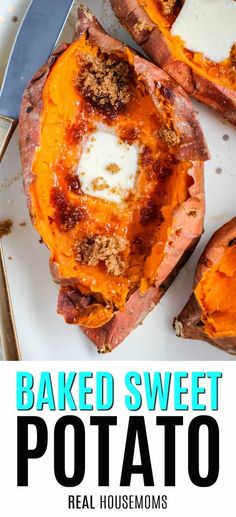 baked sweet potatoes with butter and cinnamon on top, served in a white plate next to a knife