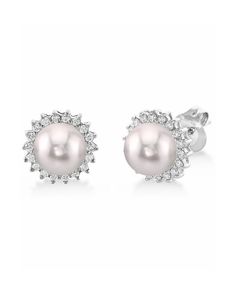 Diamond White Akoya Pearl Earrings For Formal Occasions, Formal Diamond White Akoya Pearl Earrings, Formal Round Akoya Pearl Earrings, Formal Pearl Earrings With Brilliant Cut, Diamond White Akoya Pearl Earrings, Diamond White Akoya Pearl Earrings For Anniversary, White Akoya Pearl Earrings With Prong Setting, Classic Pearl Diamond Earrings, Classic Round Pearl Diamond Earrings