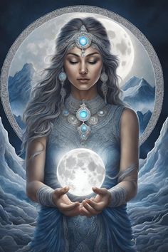 a woman holding the moon in her hands