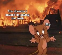 a cartoon mouse standing in front of a fire with the caption, meme