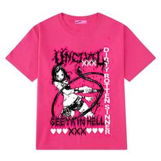 Attention: This price includes a T-shirt only, others are not included. Fabric:CottonNeckline:Round Neck  	 		 			Size 			S 			M 			L 		 		 			Full Length 			68 			69 			71 		 		 			Bust 			108 			112 			116 Pink Punk T-shirt With Letter Print, Pink Punk Crew Neck T-shirt, Pink Punk T-shirt For Summer, Grunge Pink T-shirt For Streetwear, Grunge Crew Neck T-shirt With Funny Print, Band Merch Short Sleeve Graphic T-shirt, Short Sleeve Graphic T-shirt Band Merch, Punk Short Sleeve Top With Letter Print, Grunge T-shirt With Funny Print For Summer