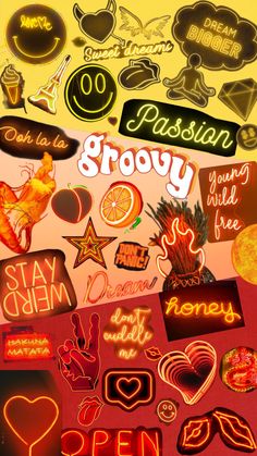 an assortment of neon signs and stickers