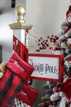 the north pole christmas tree is decorated with red and black plaid stockings