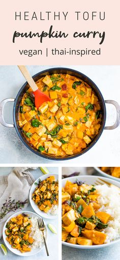 healthy tofu pumpkin curry with vegetables and rice in a skillet