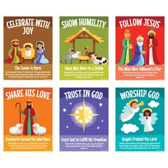 This set of religious posters is the perfect Sunday School teaching aid for showing students what the season is all about. Each features an inspiring caption, fun stylized illustrations of Nativity scenes, and a message of faith that ties it all together. Add this set to your classroom supplies as decorations that also provoke thought and contemplation. Cardstock. (6 pcs. per set) 16" x 20 3/4" © OTC Nativity Poster, Nativity Scenes, Teaching Supplies, The Nativity, Classroom Supplies, Church Ideas, Follow Jesus, Floral Stickers, Sunday School