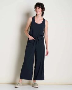 Livvy Sleeveless Sustainable Jumpsuit | by Toad&Co Back Adjustment, Get Up And Go, Short Loungewear, Paper Sleeves, Eco Friendly Clothing, Sleeveless Jumpsuits, Clothes Collection, Toad, Black Jumpsuit