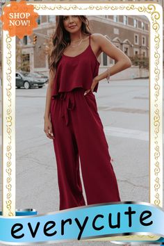 Wine Red Tie Waist Spaghetti Strap Wide Leg Jumpsuit Red Tie, Wide Leg Jumpsuit, Wine Red, Spaghetti Strap, Jumpsuit Romper, Spaghetti, Wide Leg, Rompers, Jumpsuit