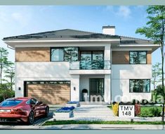 two cars are parked in front of a house