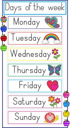 the days of the week poster is shown in blue and white with rainbows, hearts,