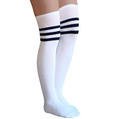 These All-White Thigh High Socks With Three Black Stripes At The Knee Are The Definition Of Classic. Made In Usa Size: Women's 7-11 Material: 80% Cotton, 20% Nylon & Elastic Length: 32” - 34” Before Stretched White Thigh High Hosiery, White Fitted Over The Knee Socks, Fitted White Over-the-knee Socks, White Fitted Over-the-knee Socks, Trendy White Thigh High Stockings, White Stretch Knee-high Legwear, Trendy Stretch White Knee-high Socks, Trendy White Stretch Knee-high Socks, Trendy White Knee-high Stockings