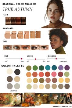 the color scheme for an autumn makeup look is shown in different shades and colors, including brown