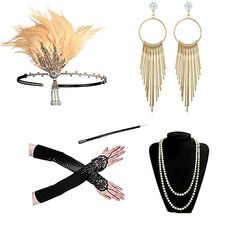 Gender:Women's; Types:Gloves,Costume Accessory Sets,Flapper Headband; Style:The Great Gatsby,1920s,Vintage; Jewelry Type:Earrings,Necklace; Occasion:Festival; Material:Feather; Age Group:Adults'; Characters:Charleston; Design:Feather; Net Weight:0.29; Listing Date:06/06/2019; products source:supplier 1920s Fashion Flapper, Charleston Design, Great Gatsby Costume, Great Gatsby Accessories, 1920s Flapper Girl, Gatsby Accessories, 1920s Accessories, Gloves Style, Flapper Accessories