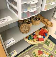 the shelves are full of toys and other items for playtime in this classroom area