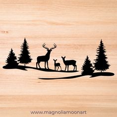 an image of deer and fawns in the woods on a wood background ornament