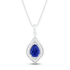 A beautiful pear-shaped blue lab-created sapphire glimmers at the center of this sterling silver necklace for her. Sparkling white lab-created sapphires trace the pendant to finish the look. The pendant is suspended from an 18-inch box chain and secures with a lobster clasp. Blue Pear-shaped Diamond Necklace, Blue Diamond Teardrop Necklace, Blue Teardrop Jewelry With Diamond Accents, Blue Teardrop Pendant Jewelry With Diamond Accents, Blue Teardrop-shaped Jewelry With Diamond Accents, Blue Teardrop Pendant With Diamond Accents, Blue Pear-shaped Cubic Zirconia Necklace, Classic Blue Pear-shaped Necklace, Blue Pear-shaped Sapphire Necklace