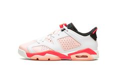 The Air Jordan 6 Low GS ‘Atmosphere” is a kids-exclusive colorway of the low-top version of Michael Jordan’s sixth signature shoe.  The “Atmosphere” Jordan 6 in youth sizing was released in January 2022 and is complete with a light pink leather base with perforations on the forefoot and mid-panel.  The overlay panels are designed in white tumbled leather and pink Jumpman is embroidered on the heel.  Additional pink accenting is found on the back of the black heel tab or “spoiler” and on the Jump Cute Nike Shoes, Air Jordan 6, Cute Nikes, Black Heel, Stadium Goods, Jordan 6, Kids Jordans, Michael Jordan, Pink Leather