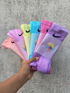 Solid Tie-Dye Pastel Color Socks *INDEPENDENTLY CUSTOMIZED PASTEL PATINA NIKE CREW SOCKS *NO TWO PAIRS ARE THE SAME. *PERFORMANCE COTTON / DRI FIT *UNISEX  PRE-WASHED TO PREVENT BLEEDING AND FOR MAXIMUM COLOR RETENTION   *COLORS MAY VARY SLIGHTLY (Due to made to order nature of product) Nike Crew Socks, Tie Dye Socks, Nike Socks, Cute Nikes, Swag Shoes, Cute Socks