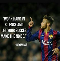 a soccer player pointing to the side with a quote on it that says work hard in science and let your success make the noise