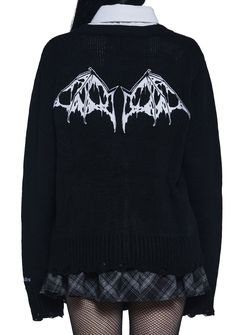 This cardigan has an acrylic knit construction with ribbed knit cuffs and hem, a distressed design, front pockets, an embroidered spider web on the front pocket, an embroidered ankh symbol on the chest, embroidered bat wings on the back, and front button closures. Embroidered Spider, Ankh Symbol, Vampire Goth, Bat Wing, Halloween Items, Halloween Sale, Knit Cuff, Bat Wings, Black Cardigan