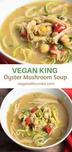 vegan king oyster mushroom soup in a white bowl