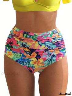 Olivia Mark - Tropical Print & Solid Color Bikini Bottom, Ruched High Waist High Cut Beachwear Bottom, Women's Swimwear & Clothing Multicolor High Waist Swimwear For Beach Season, High Waist Multicolor Swimwear For Beach Season, Multicolor High Waist Tankini For Summer, Multicolor High Waist Swimwear For Summer, High-waist Multicolor Swimwear For Beach Season, High Waist Multicolor Swimwear For Summer, Fitted Hawaiian Style Bottoms For Poolside, High Waist Multicolor Summer Swimwear, Fitted Multicolor Bottoms For Beach Season