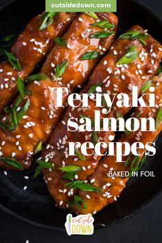 some food that is on top of a black plate with the words periyaki salmon recipes