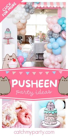 pusheen party ideas with pink and blue balloons