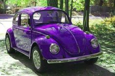 a purple vw bug parked on the side of a road in front of trees