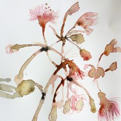 watercolor painting of pink flowers on white paper with brown and green leaves in the center