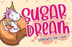 a handwritten font with an image of a doughnut and a unicorn