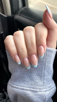 #nails #french #art #fashion #blue #bluenails Light Blue Nails With French Tips, Powder Blue Nails French Tip, Pale Blue Tips Nails, Blue French Nails With Design, Baby Blue Almond Nails Designs, Dusty Blue French Tip Nails, Pale Blue French Tip Nails, Baby Blue Tip Nails, Baby Blue Nails French Tip