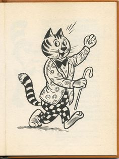 a drawing of a cat dressed as a clown running with an umbrella in his hand