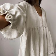 Lasaky - Cotton-Linen Round Neck Lantern Sleeves Loose Dress Lace Lanterns, Backless Evening Dress, Linen Dress Women, French Dress, Lantern Sleeve Dress, Cotton Linen Dresses, Linen Mini Dress, Costume Intero, Khaki Dress