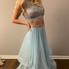 Two Piece Light Blue Prom Dress. Never Worn New With Tags Super Cute And Elegant! Light Blue Prom, Prom Dress Gold, Navy Sequin Dress, Two Piece Prom Dress, High Neck Gown, 2 Piece Prom Dress, Beaded Formal Dress, Light Blue Prom Dress, Satin Evening Gown