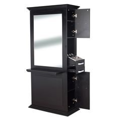 a black wooden cabinet with mirror and drawers