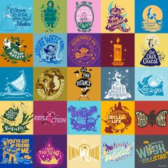 the logos for disney world are all different colors