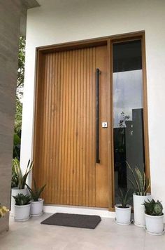 a modern wooden door with two planters on the front step and an entrance mat