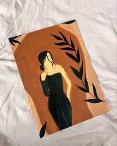 a painting of a woman in a black dress on a white sheet with an orange background