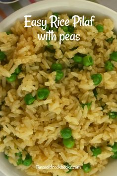 a bowl filled with rice and peas on top of a table