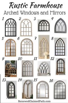 various arched windows and mirrors are shown in different styles, sizes and colors to choose from