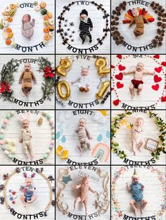 many different pictures of baby dolls with numbers and names in the middle one has an infant's first year on it