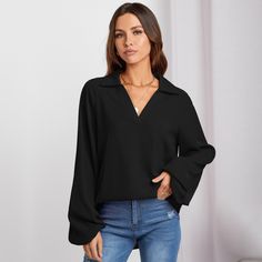 Solid Color V-Neck Loose Balloon Sleeves Elegant Blouses & Shirts Buy Blouse, Johnny Collar, Perfect Blouse, Elegant Blouses, Women Long Sleeve Tops, Puff Sleeve Blouse, Loose Blouse, Long Puff Sleeves, Collar Blouse