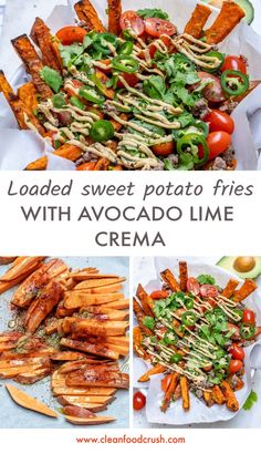 grilled sweet potato fries with avocado lime crema and tomatoes on the side