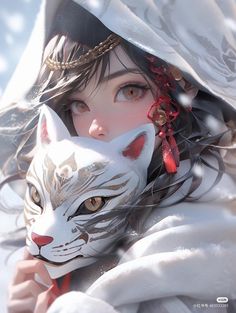 a woman with a white cat mask on her face and hood over her head, in the snow