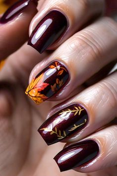 As leaves turn golden, so do our nails. Warm, rich burgundy for a cozy fall. #FallNailArt #AutumnLeaves #BurgundyBeauty Maroon Floral Nails, Thanksgiving Nails Burgundy, Maroon Fall Nail Designs, Red Fall Nails, Dark Red Nails, Red Nail Art, Rose Nail Art, Spring Nail Designs, Brighter Days