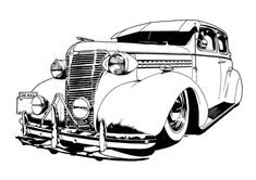 an old car is shown in black and white, as well as the front end of it