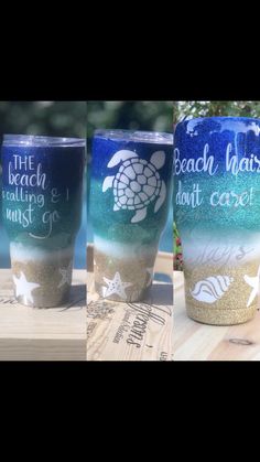 three different colored tumblers with the words beach hair don't care on them