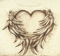 a drawing of an angel's heart with wings and halo above it in sepia