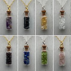 "This unique pendant is sure to catch the eye of anyone who appreciates nature and a boho style. The pendant is crafted from a 28x12mm or 35x16mm glass bottle filled with tumbled gemstone pieces. The bottle's transparency allows the natural beauty of the gemstones to be showcased, creating a lovely complement to any outfit. The pendant hangs from your choice of a gold or silver 18\" or 24\" oval link chain, which are comfortable lengths for many people. Please see the photos for the approximate Natural Stone Necklaces With Recycled Glass For Gifts, Natural Stones Necklace With Recycled Glass For Gifts, Gift Necklaces With Natural Stones And Recycled Glass, Gift Natural Stones Clear Necklace, Clear Gemstone Crystal Necklace For Gift, Spiritual Glass Crystal Necklace Gift, Bohemian Clear Jewelry As A Gift, Spiritual Recycled Glass Necklaces For Gifts, Clear Glass Crystal Necklace For Gift